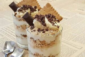 طرز تهیه دسر پان اسپانیا مجلسی با بیسکوییت | موز و کرم شکلاتی